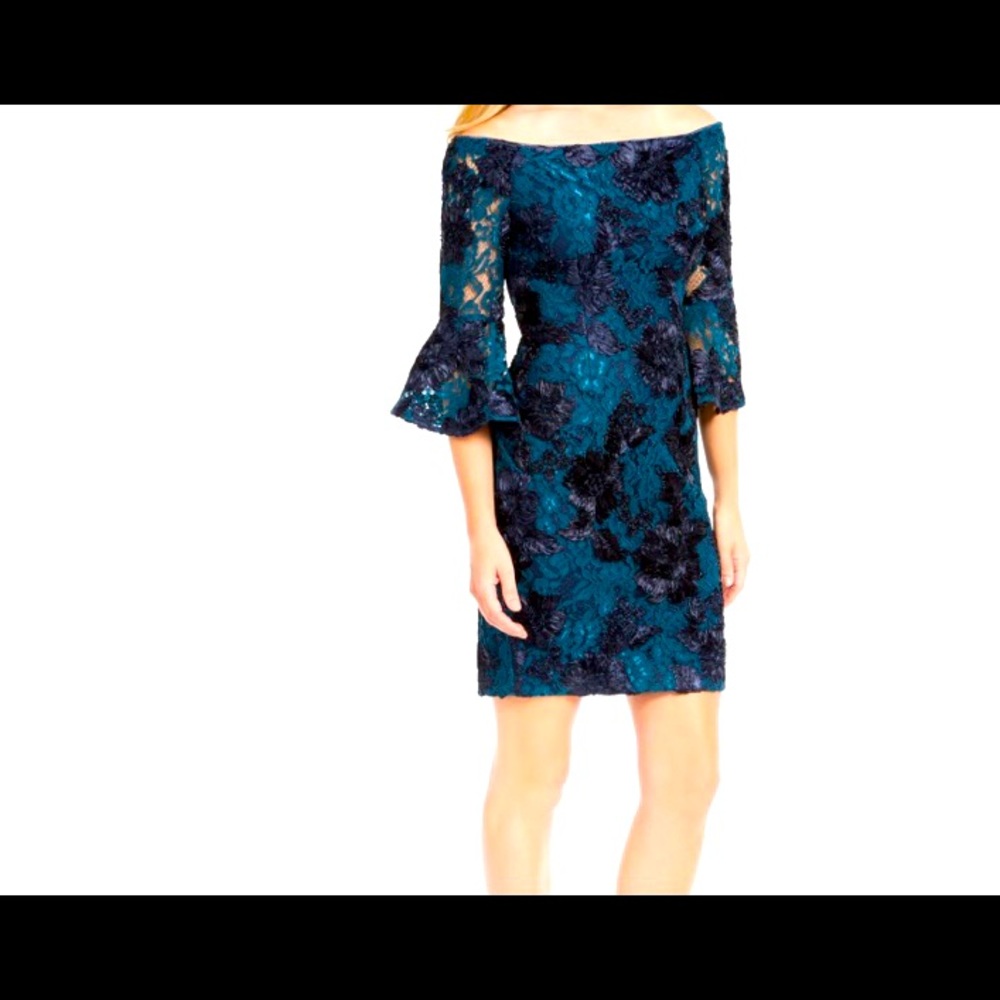 Adrianna Papell Women’s Gorgeous Off Shoulder Bell Sleeves Mini Dress
